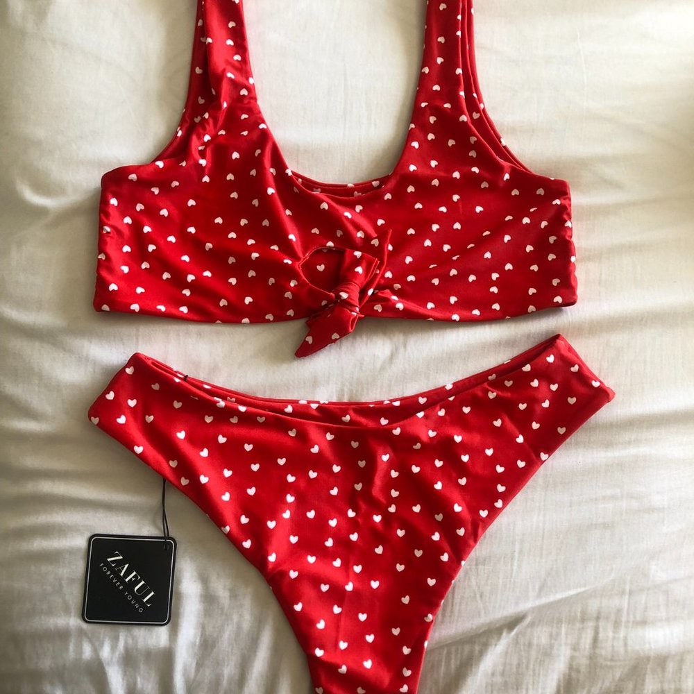 Zaful Red Heart Bikini Size 6: Tie Knot Top & High Cut High Leg Bottom
